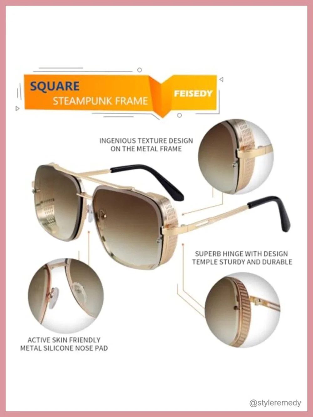 Vintage Square Aviator Steampunk Sunglasses Metal Frame UV400 Driving Fishing